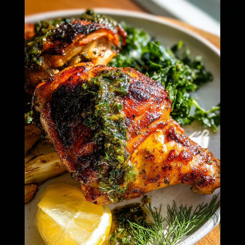Two perfectly cooked Restaurant-Style Chicken Thigh Recipes at Home topped with bright green chimichurri sauce.