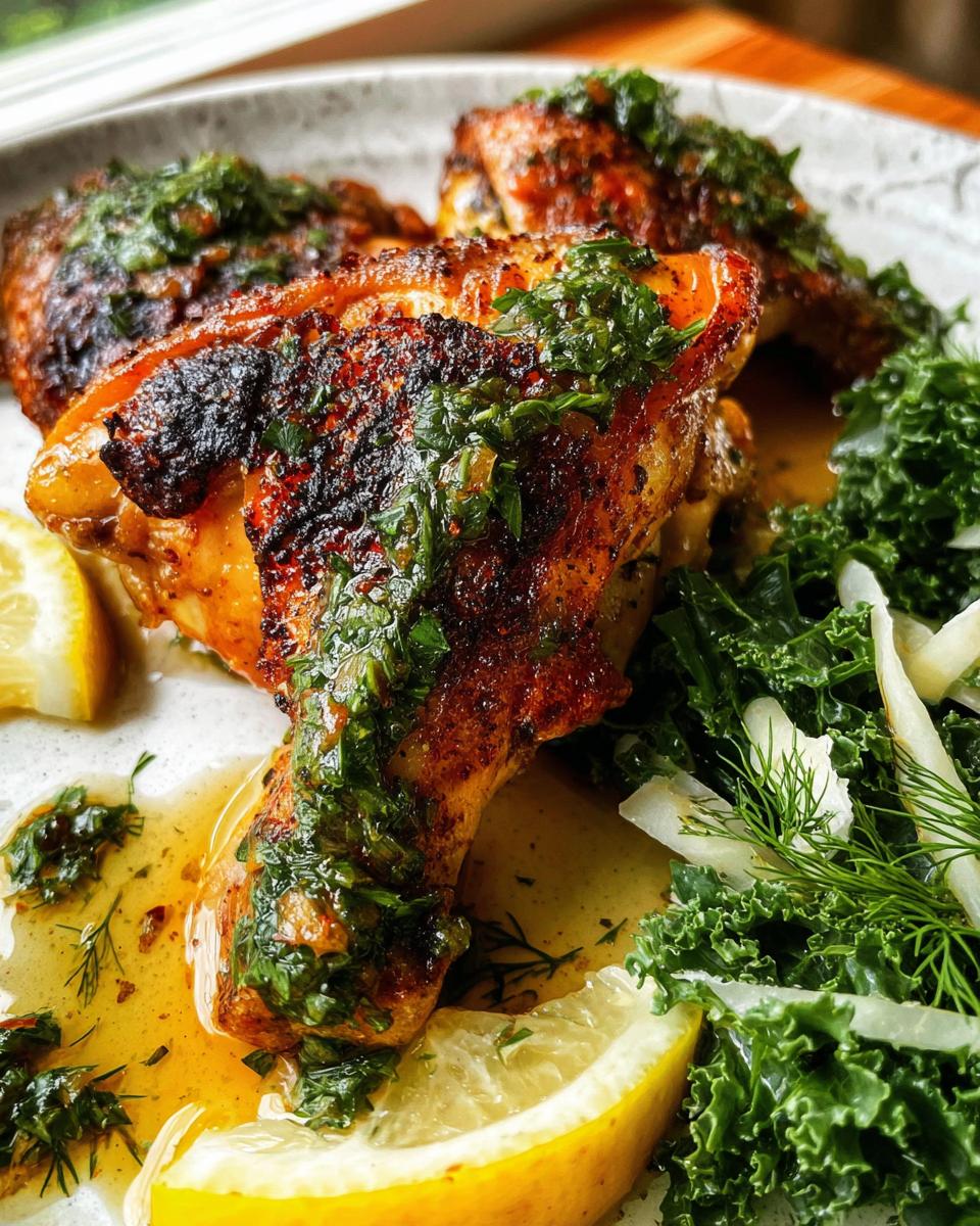 Crispy, glazed chicken thighs topped with green herbs, served with lemon wedges and kale salad.
