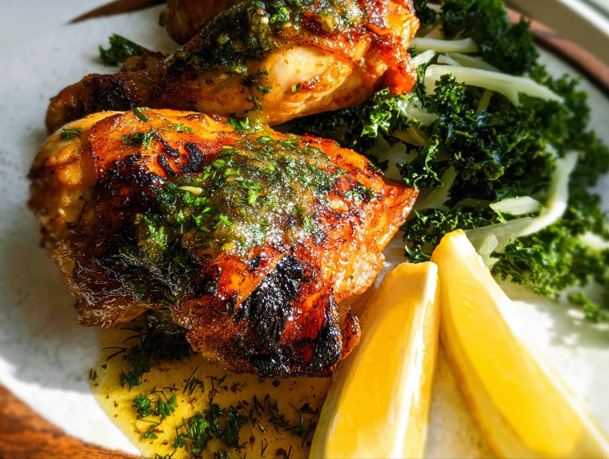Two perfectly cooked, glazed chicken thighs served with kale and lemon wedges, showcasing Restaurant-Style Chicken Thigh Recipes at Home.