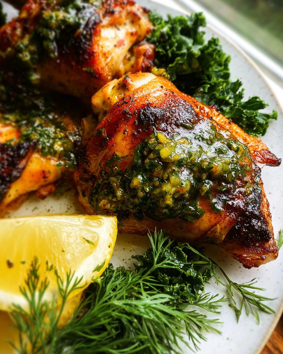 Close-up of crispy Restaurant-Style Chicken Thigh Recipes at Home topped with a bright green herb sauce.