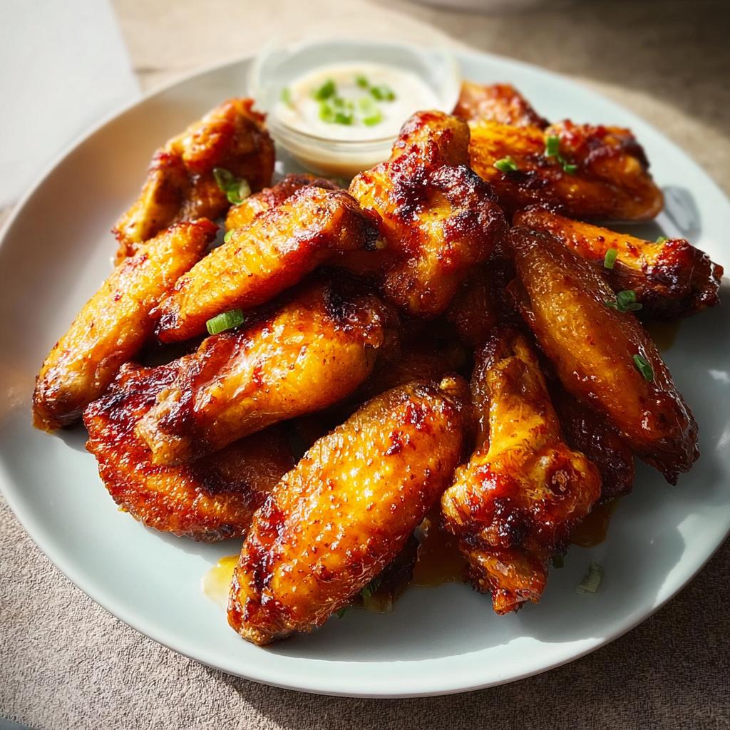 A plate piled high with glistening, glazed Restaurant-Style Chicken Wings Recipes at Home.