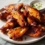 A plate piled high with glossy, caramelized Restaurant-Style Chicken Wings Recipes at Home, served with a side of dipping sauce.