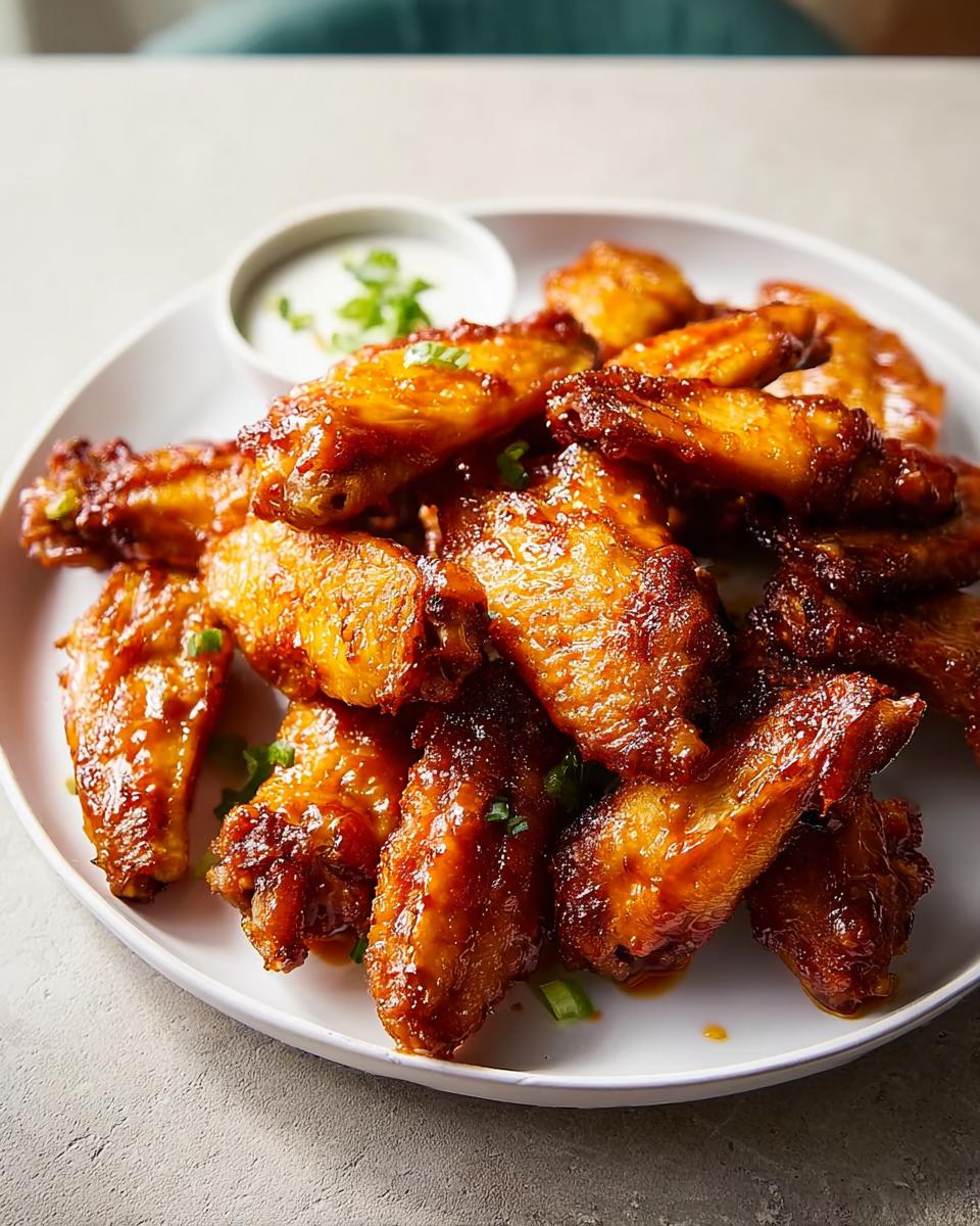 A plate piled high with glossy, sticky Restaurant-Style Chicken Wings Recipes at Home, served with a side of dipping sauce.