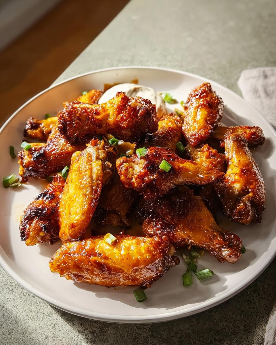A plate piled high with glossy, glazed chicken wings, garnished with green onions.