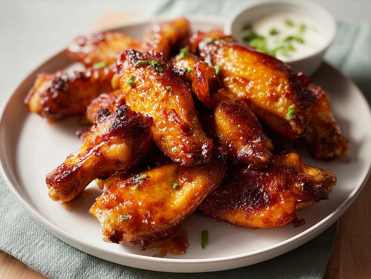 A plate piled high with glossy, caramelized Restaurant-Style Chicken Wings Recipes at Home, served with a side of dipping sauce.