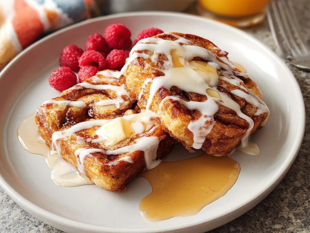 Two decadent cinnamon rolls drizzled with icing, butter, and syrup, served with fresh raspberries for Restaurant-Style Breakfast Ideas.