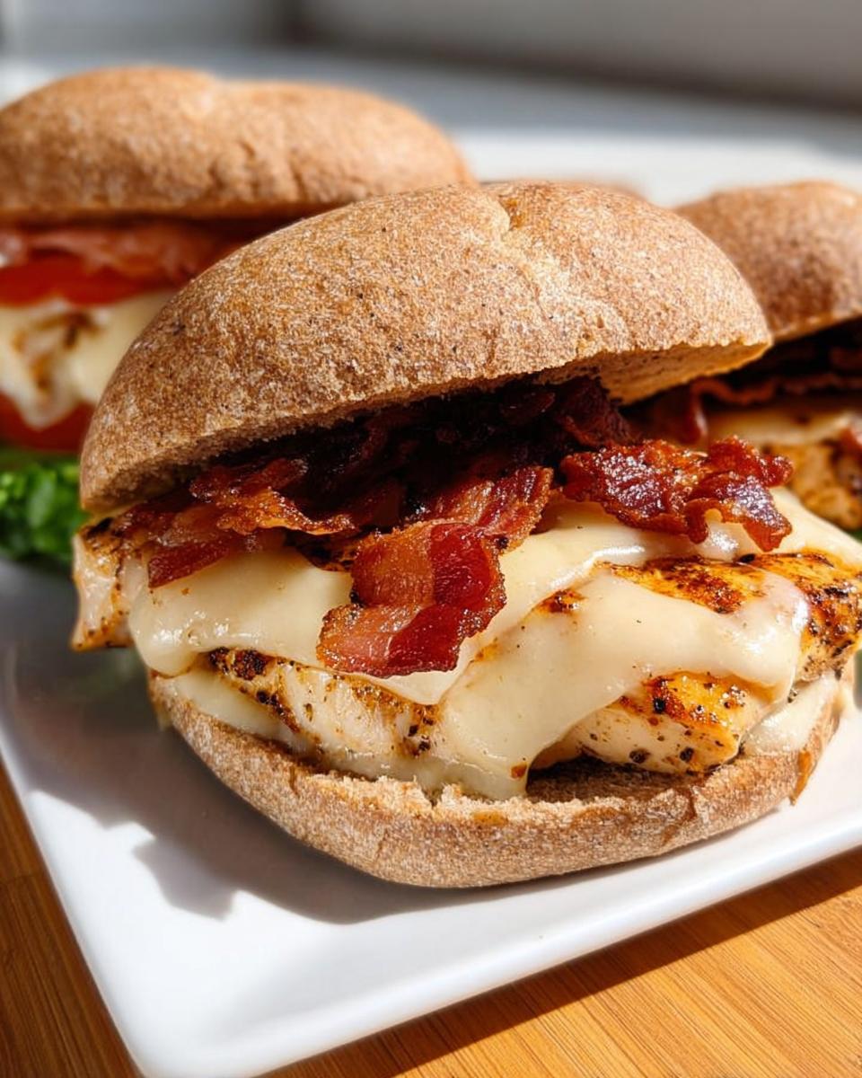 Close-up of a restaurant-style easy dinner recipe: a chicken sandwich with melted cheese and crispy bacon on a whole wheat bun.