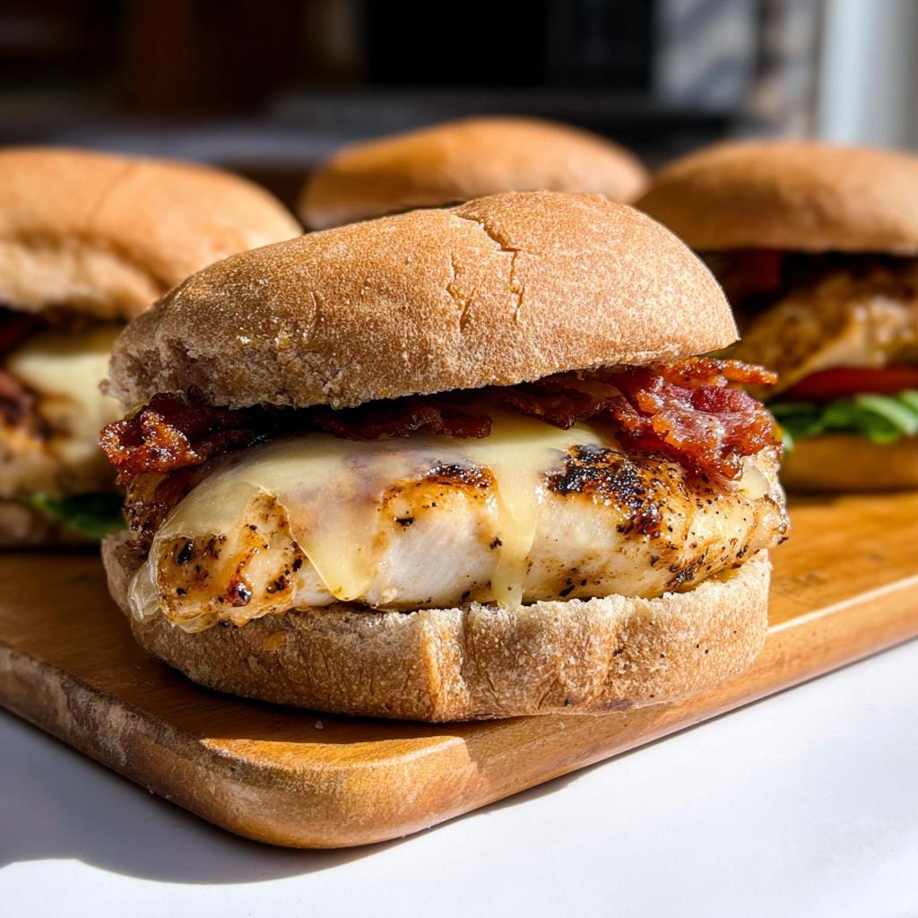Close-up of a grilled chicken sandwich with melted cheese and bacon, perfect for Restaurant-Style Easy Dinner Recipes at Home.