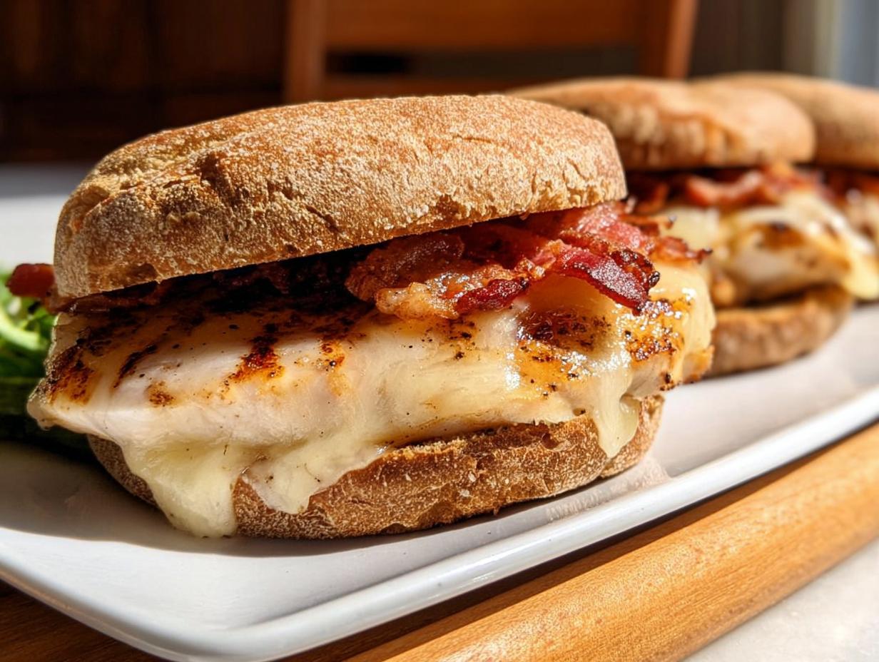Close-up of a grilled chicken sandwich with melted cheese and bacon, perfect for Restaurant-Style Easy Dinner Recipes at Home.