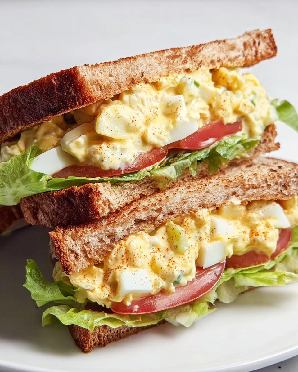Close-up of a restaurant-style egg salad sandwich on whole wheat bread with lettuce and tomato.