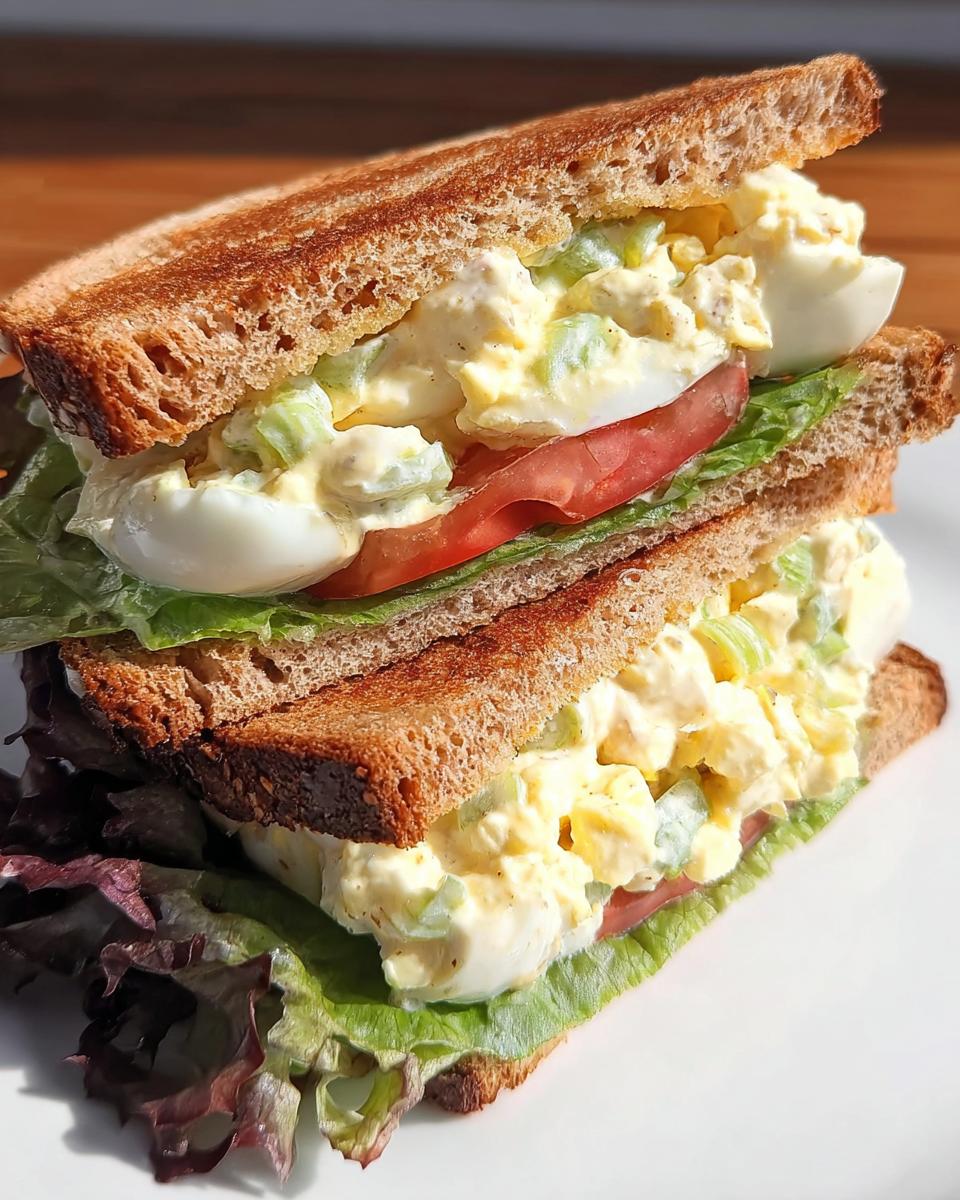 Close-up of a stacked egg salad sandwich on toasted whole wheat bread, featuring lettuce and tomato, a great Restaurant-Style Sandwich Ideas Recipe.