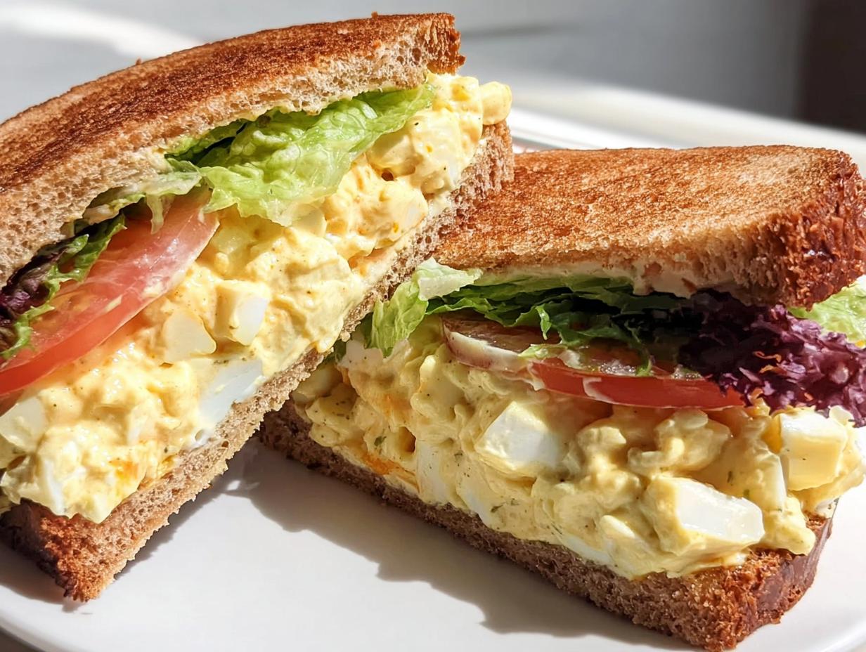 Close-up of a restaurant-style egg salad sandwich cut in half, showing creamy filling, lettuce, and tomato on toasted bread.
