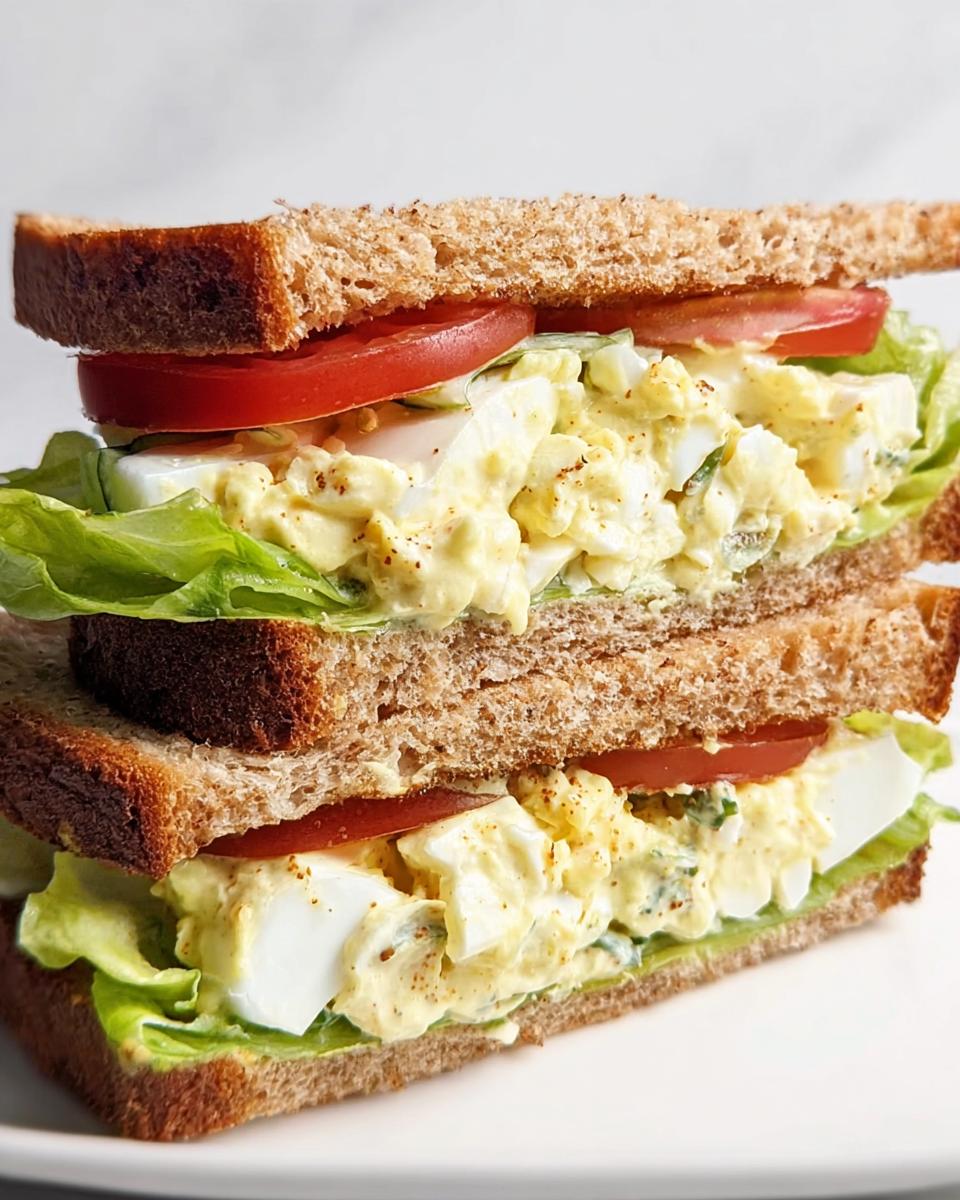 A tall, stacked egg salad sandwich on whole wheat bread with lettuce and tomato, perfect for Restaurant-Style Sandwich Ideas Recipes at Home.