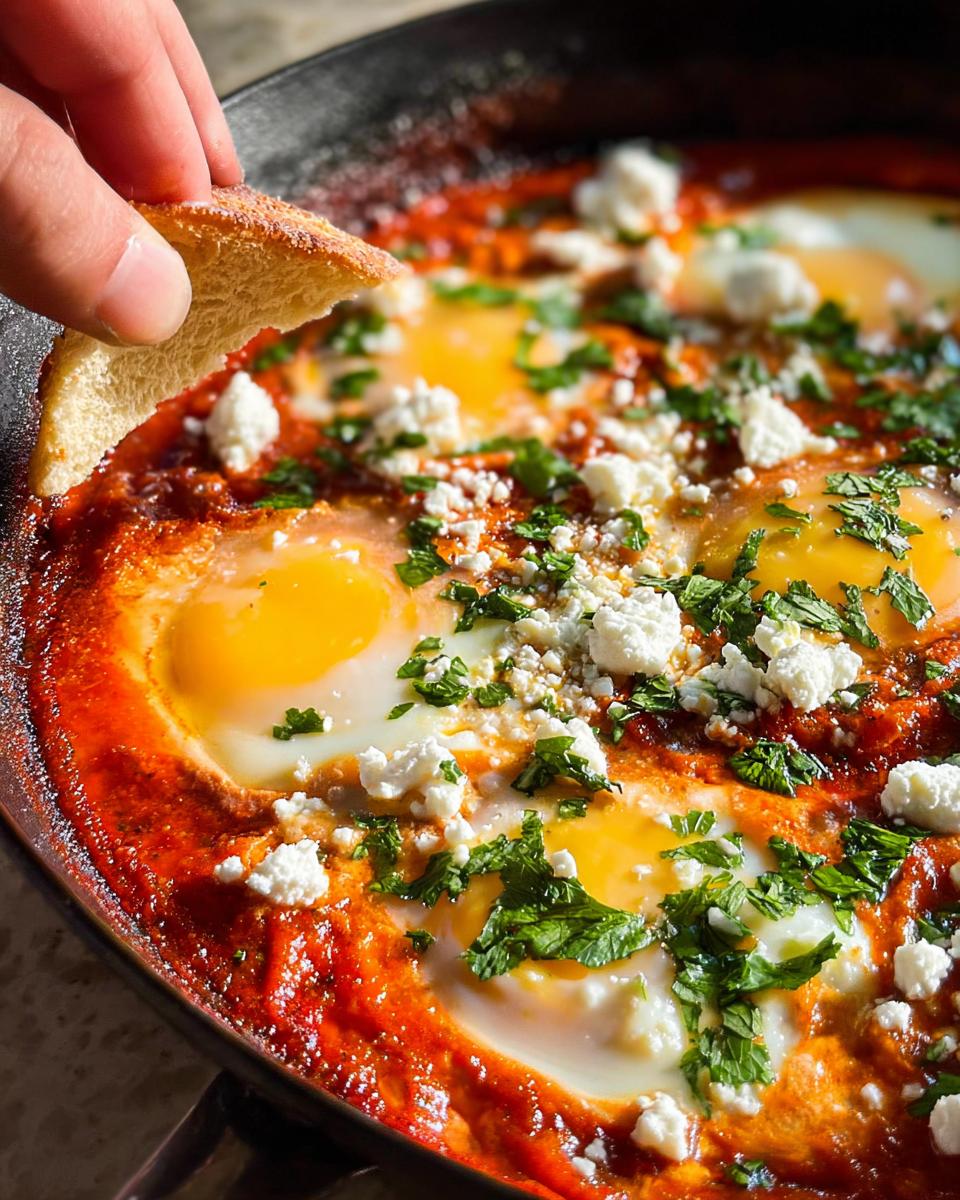 A hand dips bread into a skillet of vibrant Shakshuka, featuring eggs poached in tomato sauce with feta and herbs, perfect for Restaurant-Style Egg Recipes at Home.
