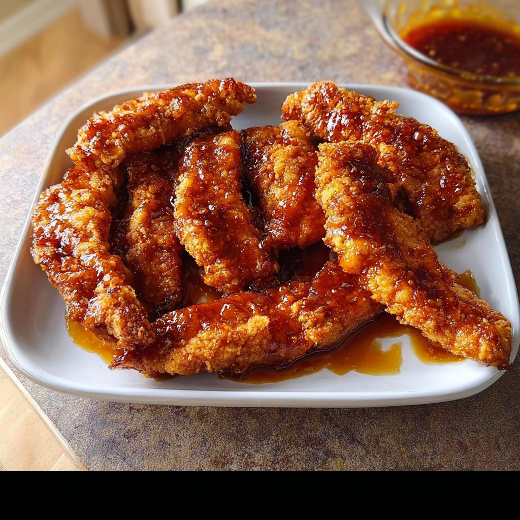 Crispy fried chicken tenders coated in a thick, shiny brown glaze, perfect for Restaurant-Style Chicken Recipes at Home.