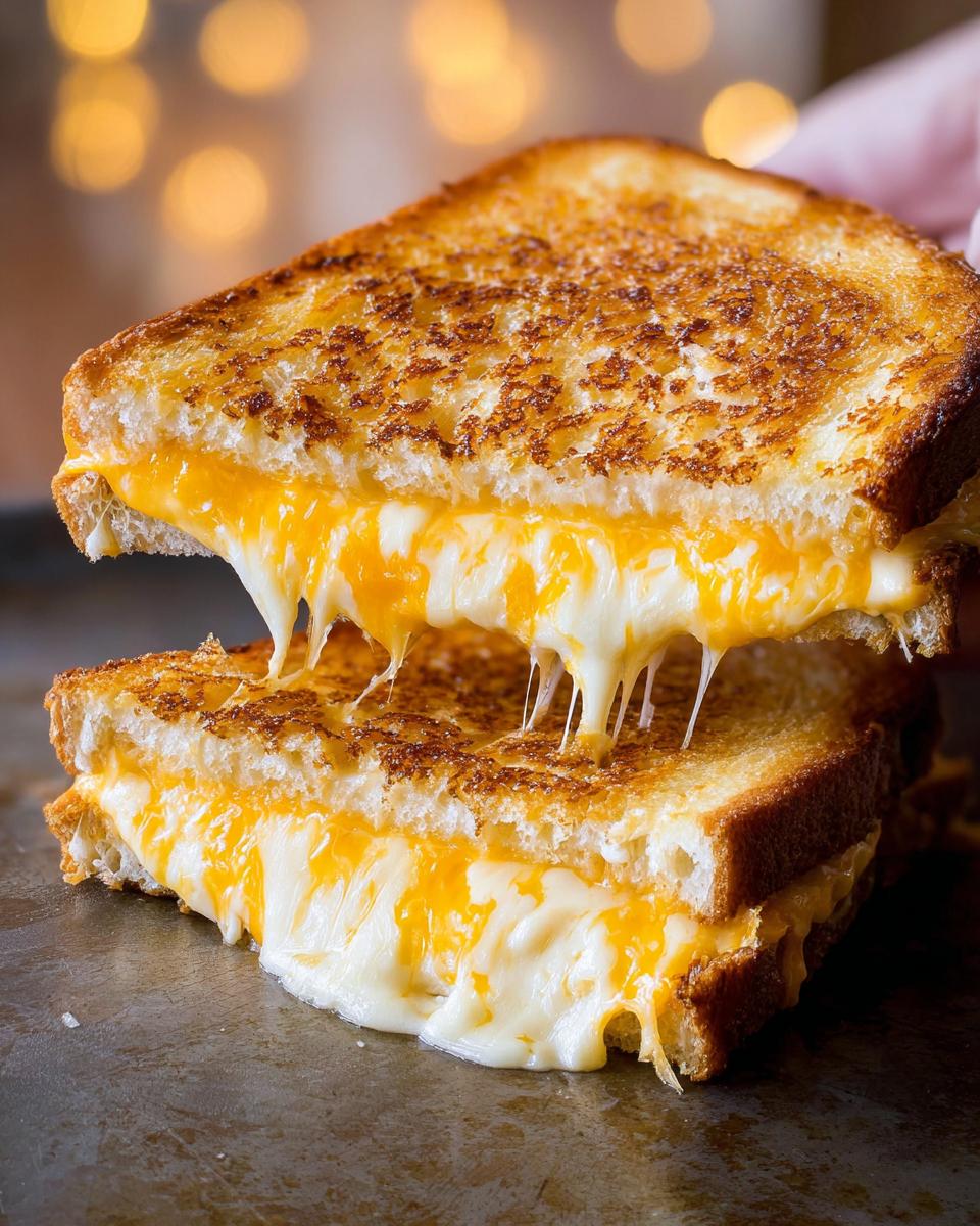 Two halves of a perfectly grilled sandwich showing extreme cheese pull, essential for Restaurant-Style Grilled Cheese Recipes at Home.