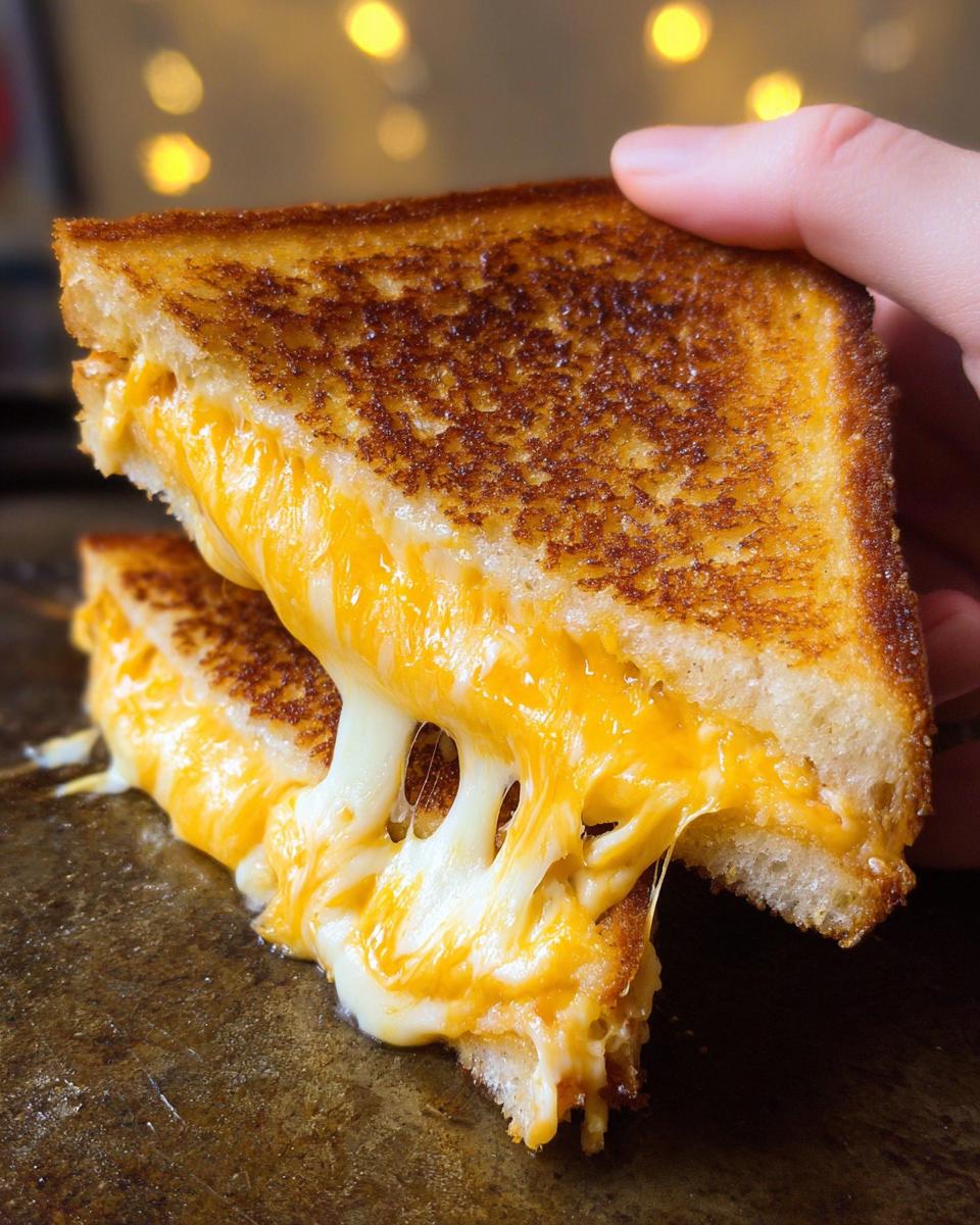 A hand pulling apart a perfectly grilled, golden-brown Restaurant-Style Grilled Cheese, showing an incredible, gooey cheese pull.