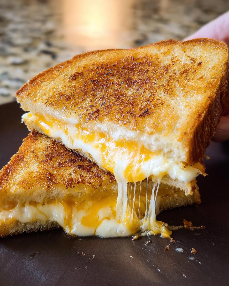 Two halves of a golden brown grilled cheese sandwich pulled apart showing melted, stretching cheese strings.