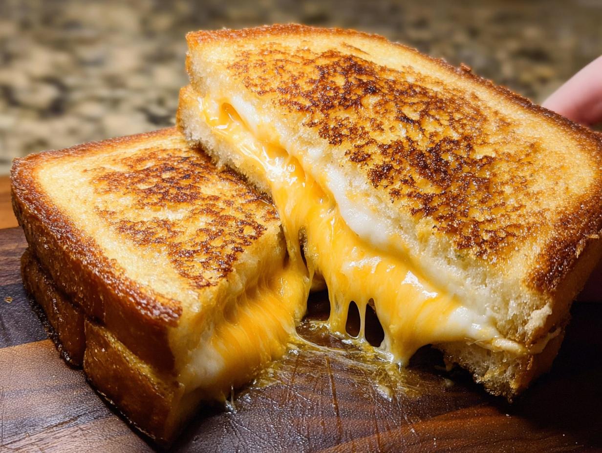 Close-up of a perfectly grilled sandwich cut in half, showing melted cheese oozing out for a classic Restaurant-Style Grilled Cheese.