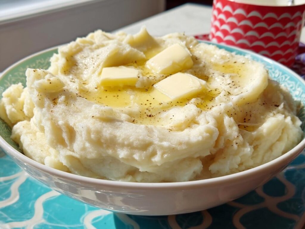 A large bowl of creamy Restaurant-Style Mashed Potatoes Recipes at Home topped with melting butter and pepper.