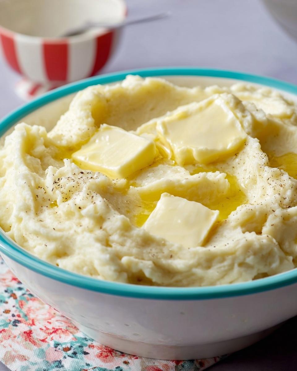 A close-up of creamy Restaurant-Style Mashed Potatoes Recipes at Home topped with melting pats of butter and black pepper.