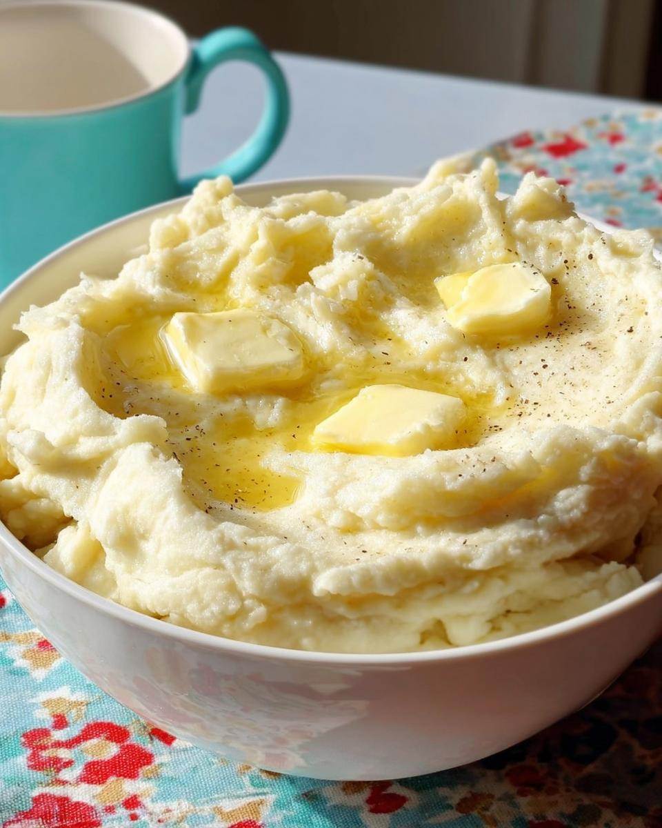 A close-up of creamy Restaurant-Style Mashed Potatoes Recipes at Home topped with melting butter and pepper.