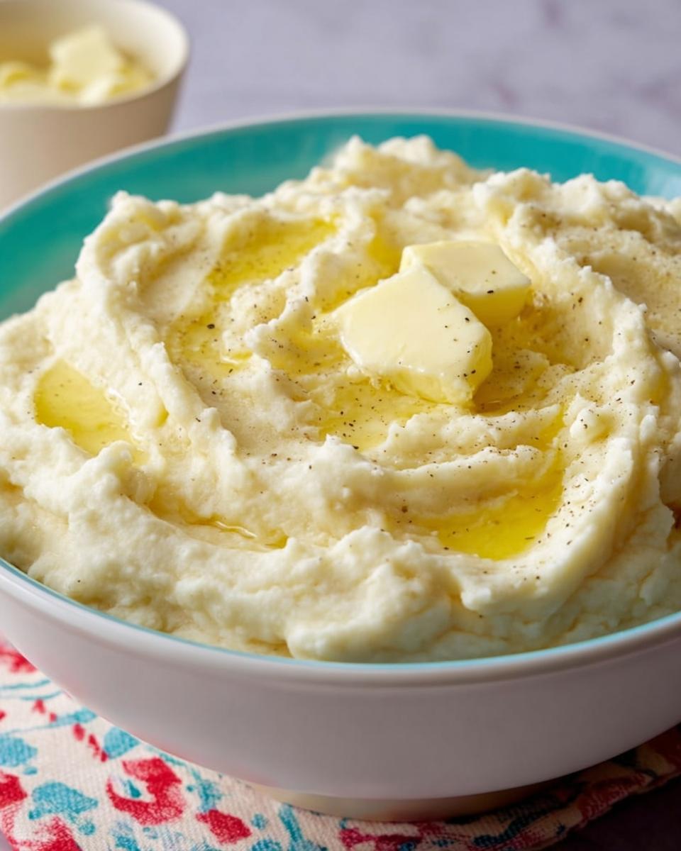 A close-up of creamy Restaurant-Style Mashed Potatoes Recipes at Home topped with melted butter and black pepper.