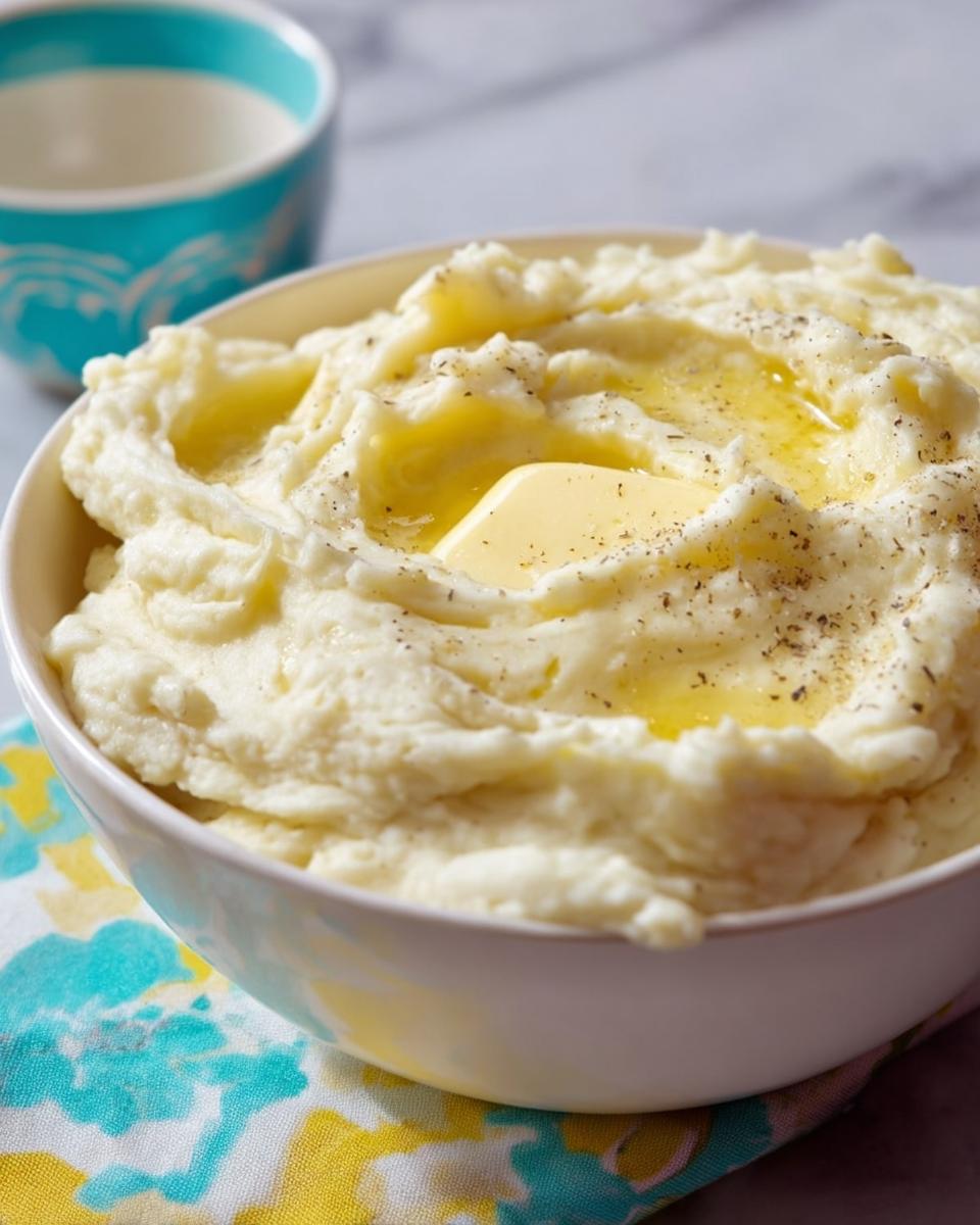 A close-up of creamy Restaurant-Style Mashed Potatoes Recipes at Home topped with melting butter and cracked black pepper.