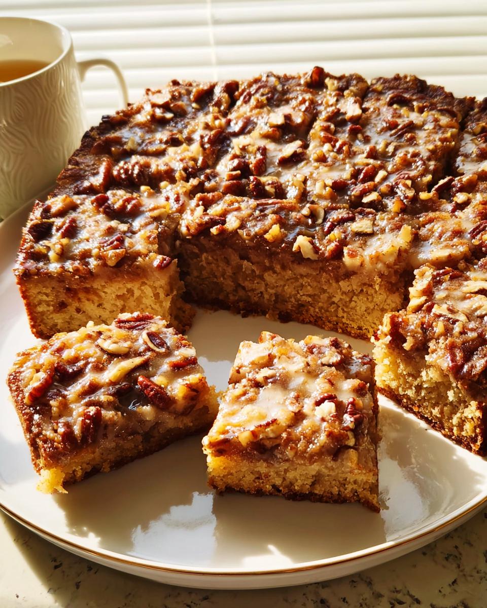 Square slices of a rich pecan glazed cake, perfect for Restaurant-Style Cake Ideas Recipes at Home.