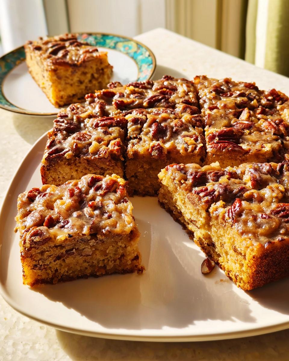 Squares of rich, pecan-topped cake, perfect for Restaurant-Style Cake Ideas Recipes at Home.