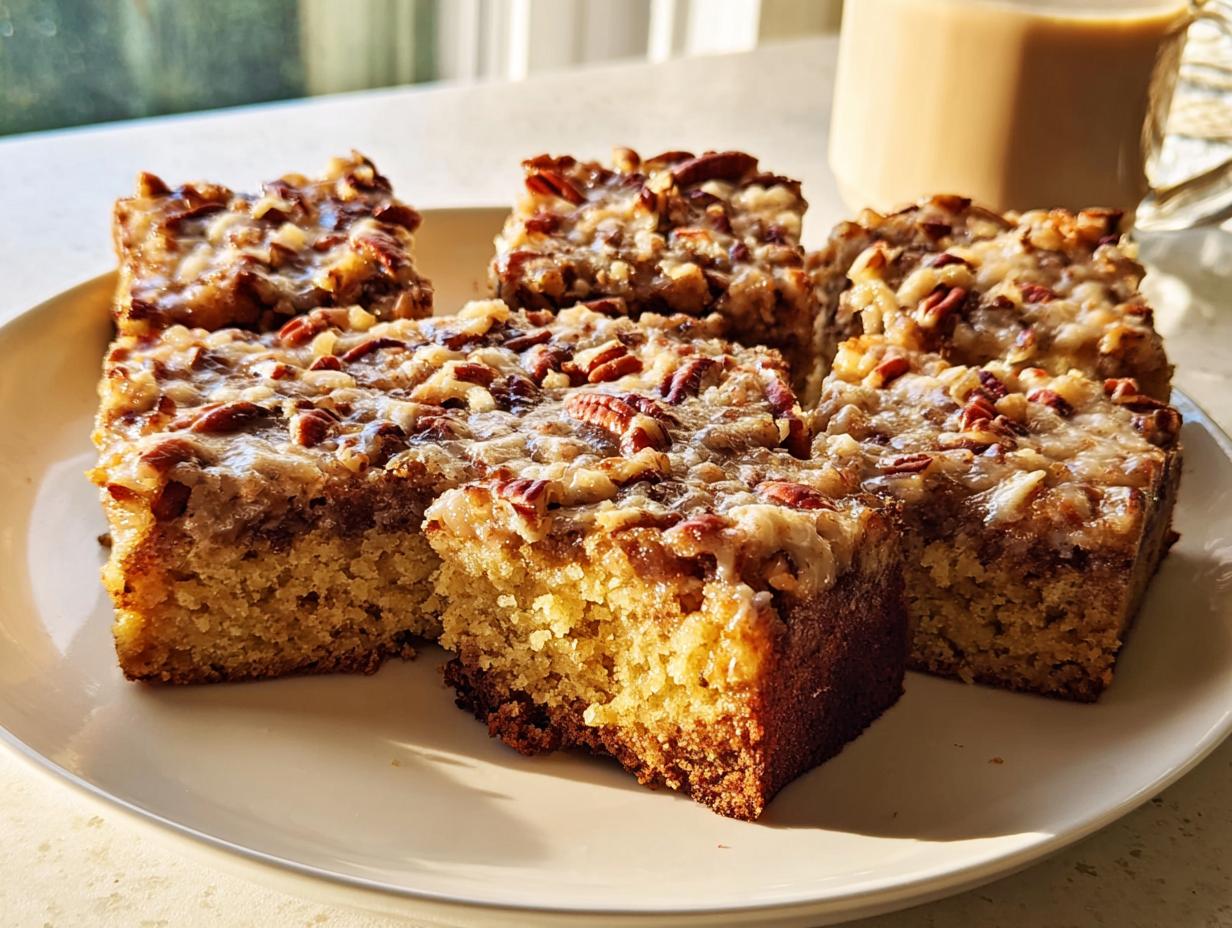 Slices of rich, moist pecan-topped cake squares, perfect for Restaurant-Style Cake Ideas Recipes at Home.