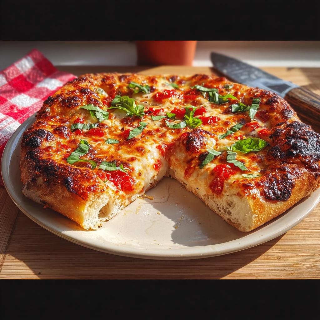 A thick-crust, cheesy Margherita pizza with bright red tomatoes and fresh basil, ready for Restaurant-Style Pizza Night Recipes at Home (2025).