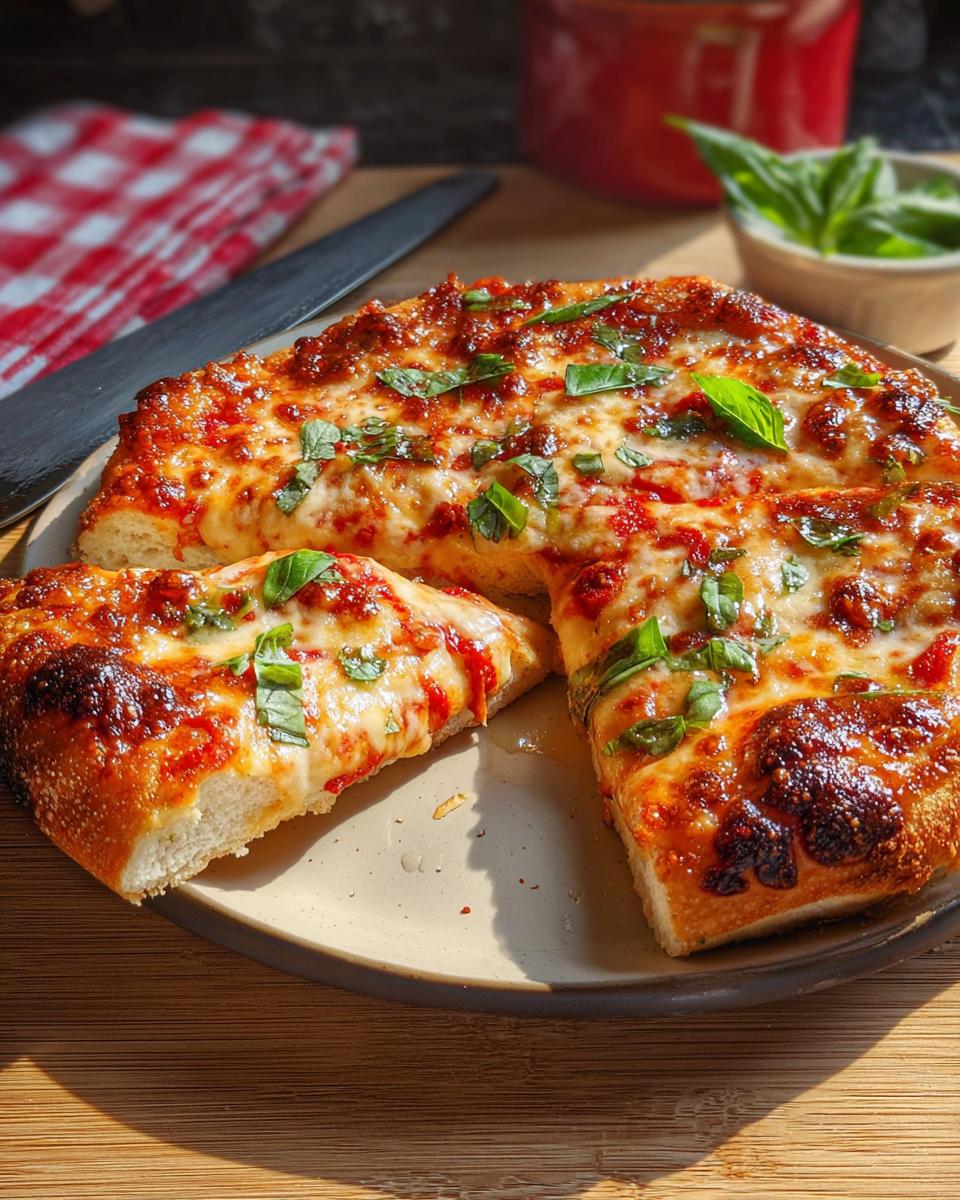A thick-crust, cheesy pizza topped with red sauce and fresh basil, perfect for Restaurant-Style Pizza Night Recipes at Home.