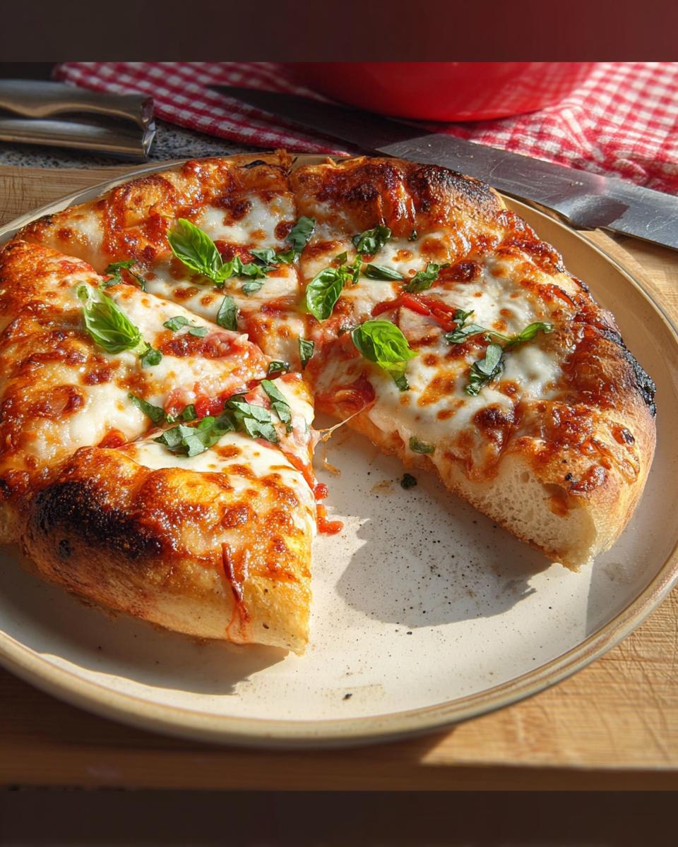 A freshly baked, cheesy Margherita pizza with basil, perfect for Restaurant-Style Pizza Night Recipes at Home.