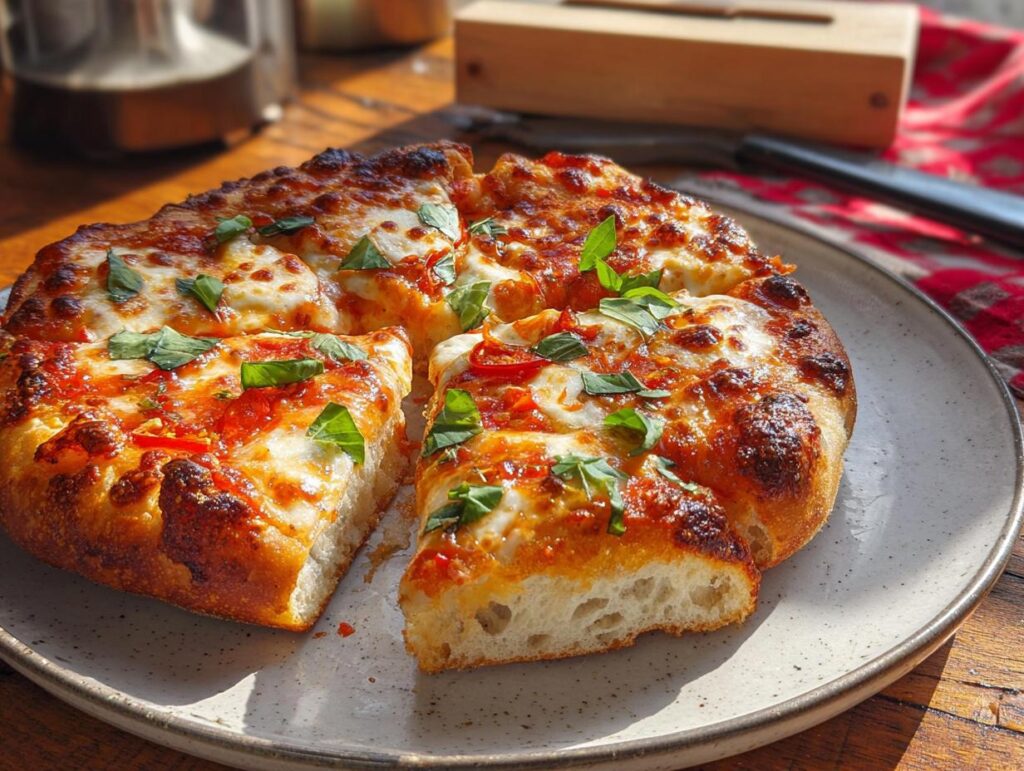 A thick-crust pizza, sliced and topped with melted cheese, red sauce, and fresh basil, perfect for Restaurant-Style Pizza Night Recipes at Home.
