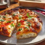 A thick-crust pizza, sliced and topped with melted cheese, red sauce, and fresh basil, perfect for Restaurant-Style Pizza Night Recipes at Home.