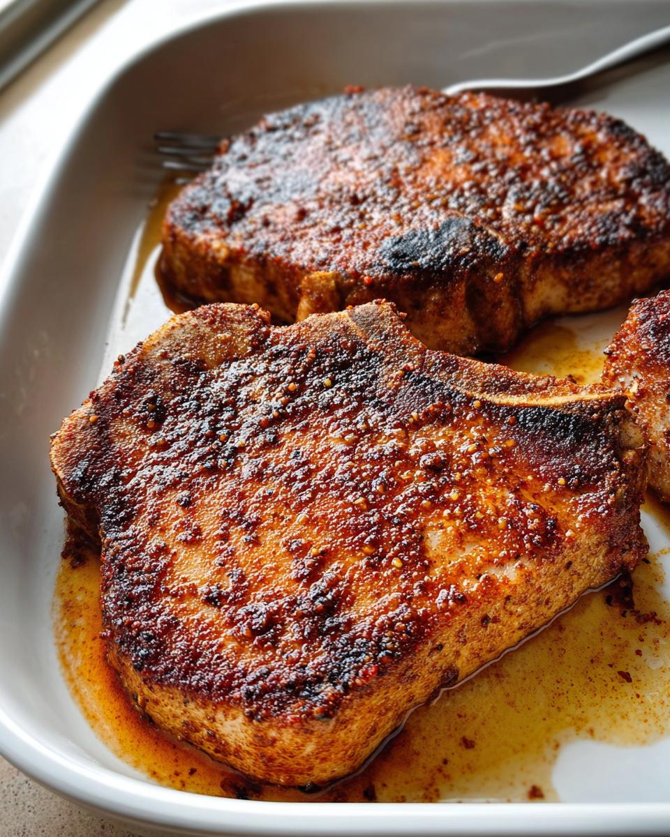 Close-up of two thick, seared bone-in pork chops coated in a rich spice rub, resting in a white dish.