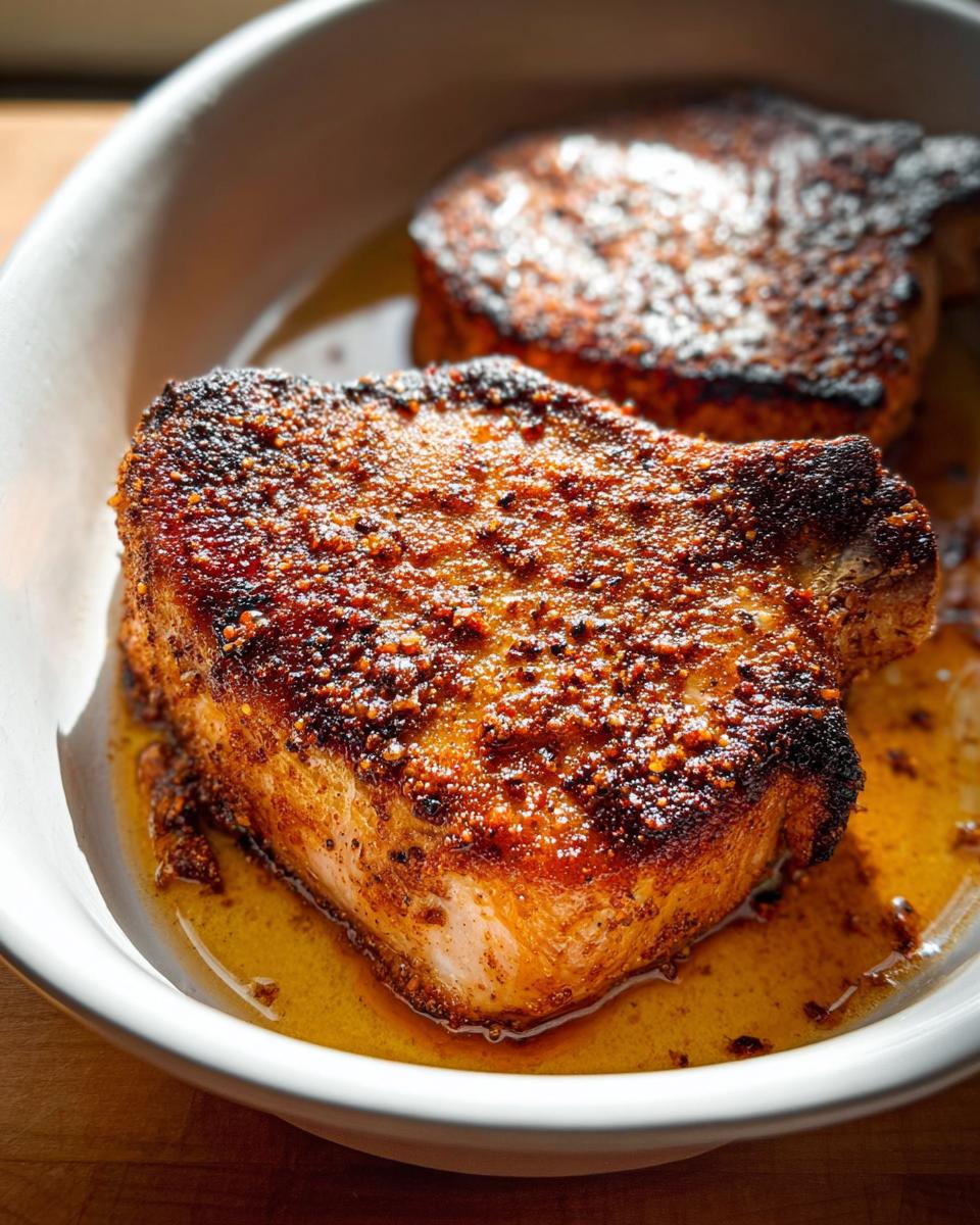 Close-up of a thick, seared pork chop with a dark, spiced crust resting in pan juices.