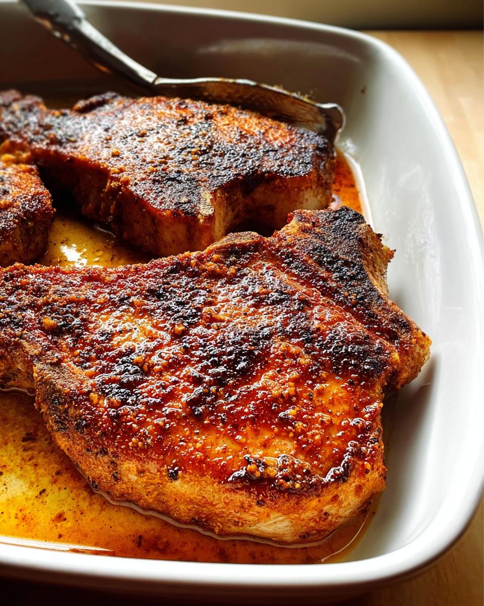 Close-up of thick, beautifully seared Restaurant-Style Pork Chops Recipes at Home resting in pan juices.