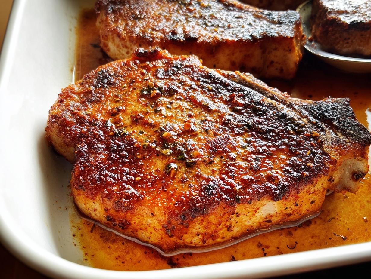 Close-up of a thick, perfectly seared pork chop with a rich, seasoned crust resting in pan juices.
