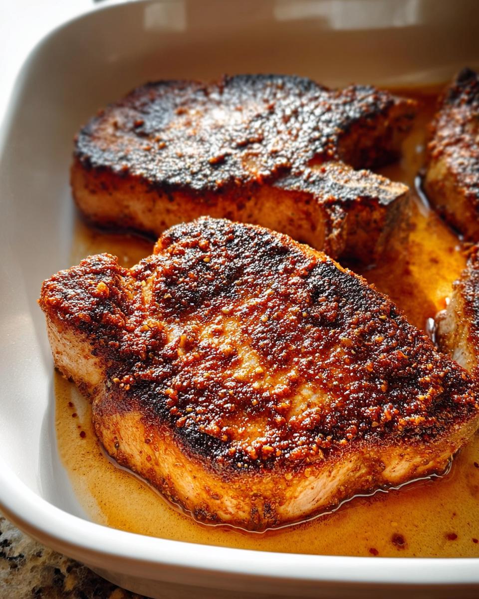 Close-up of thick, heavily seasoned and seared Restaurant-Style Pork Chops Recipes at Home resting in flavorful pan juices.