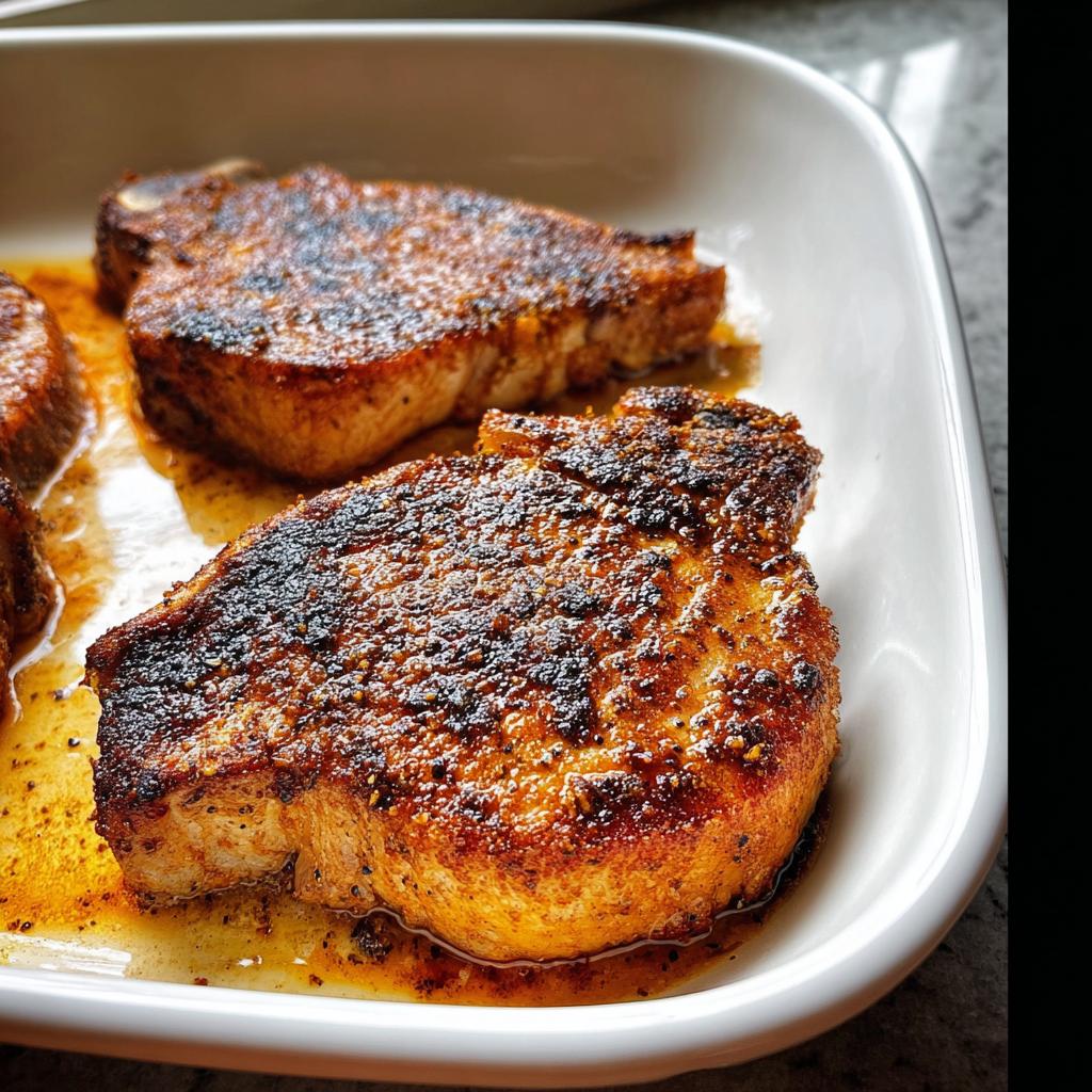 Close-up of thick, seared Restaurant-Style Pork Chops Recipes at Home resting in pan juices.