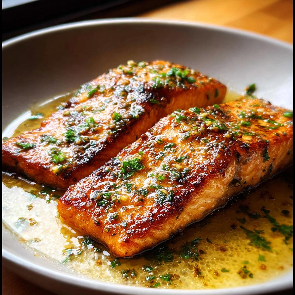 Two perfectly seared fillets of Restaurant-Style Salmon Recipes at Home in a buttery garlic sauce topped with fresh herbs.