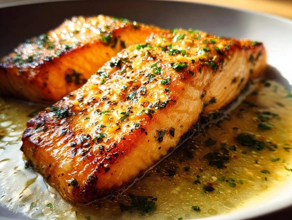 Two perfectly cooked fillets of Restaurant-Style Salmon Recipes at Home glistening in a garlic butter sauce with fresh parsley.