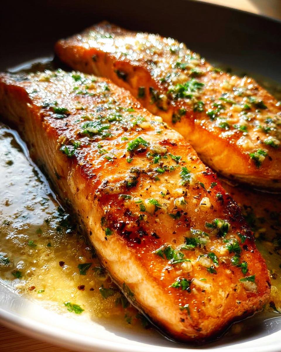 Two perfectly cooked fillets of Restaurant-Style Salmon Recipes at Home glistening in a rich garlic butter sauce topped with parsley.