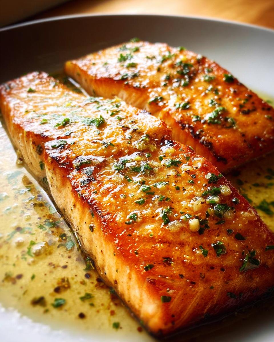 Two perfectly seared fillets of Restaurant-Style Salmon Recipes at Home glistening in a lemon garlic butter sauce.
