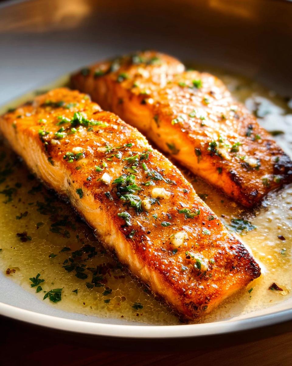 Two perfectly cooked fillets of salmon in a rich garlic butter sauce, ideal for Restaurant-Style Salmon Recipes at Home.