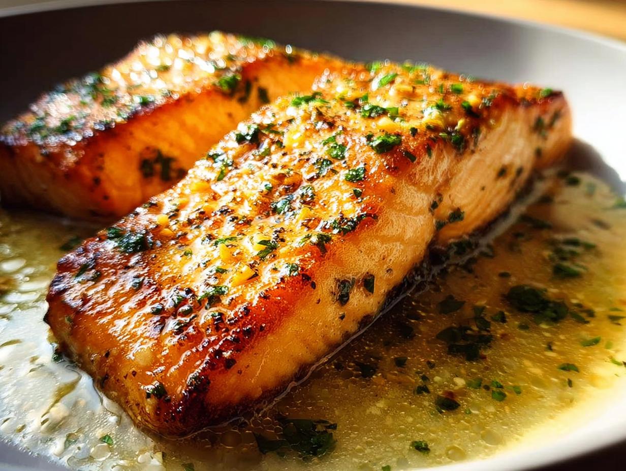 Two perfectly cooked fillets of Restaurant-Style Salmon Recipes at Home glistening in a garlic butter sauce with fresh parsley.