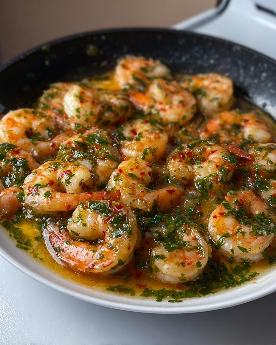 Plump shrimp cooked in a rich garlic butter sauce with parsley and chili flakes, perfect for Restaurant-Style Shrimp Recipes at Home.