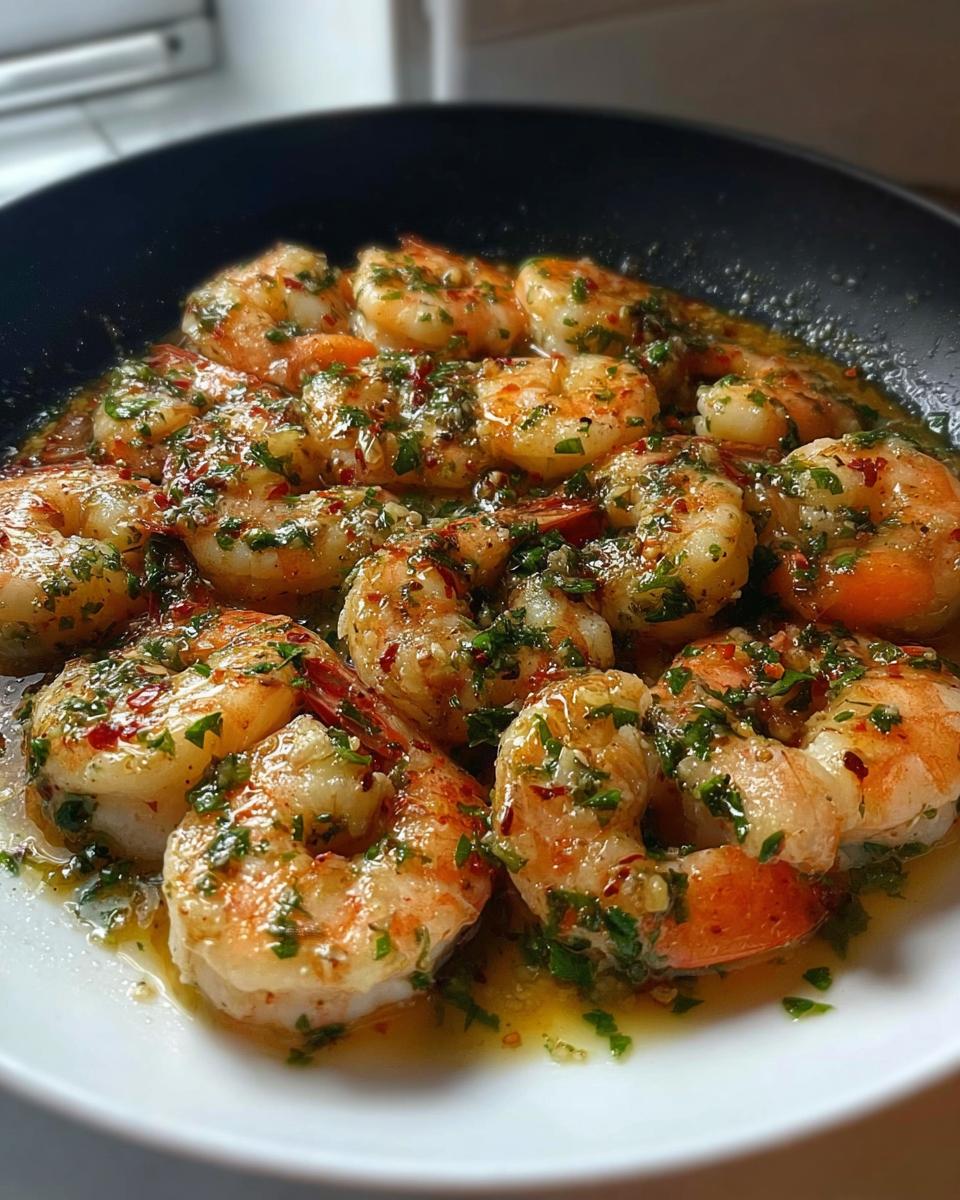 Close-up of succulent shrimp sautéed in garlic butter sauce with parsley and chili flakes, perfect for Restaurant-Style Shrimp Recipes at Home.